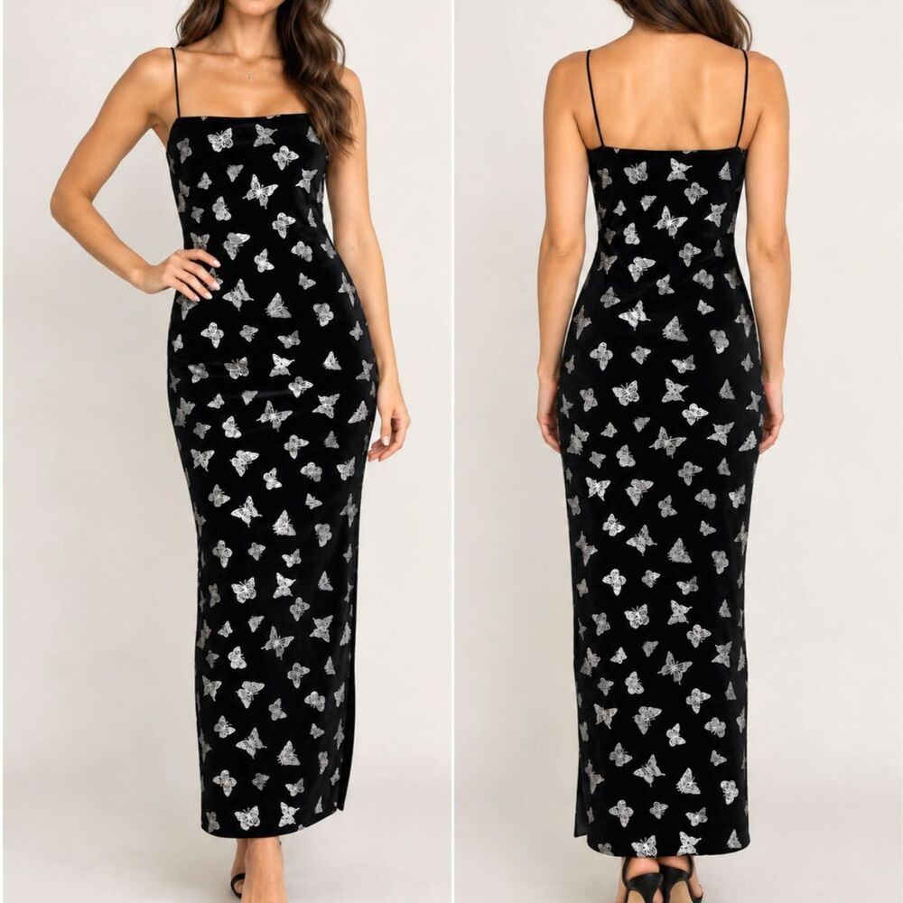 Motel Verdina Black Velvet Butterfly Midi Dress M Y2K Whimsigoth Urban Outfitter